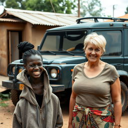 In a modest backyard of an impoverished African village, an intriguing scene unfolds beside a rugged SUV