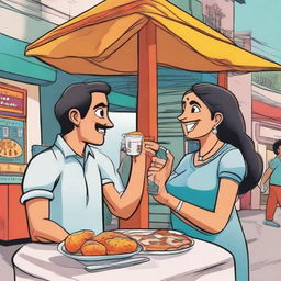 A captivating cartoon of a college-aged lady and a man facing each other while delighting in vadapav, a well-known Indian street food