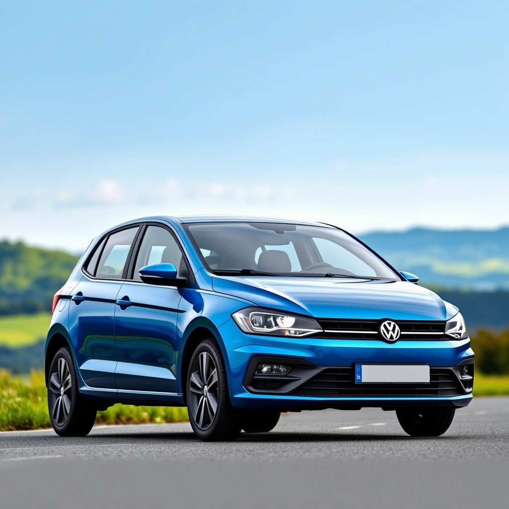 A modern Volkswagen Gol with a sleek design that resembles the latest Volkswagen Polo, featuring a slightly smaller wheelbase, a contemporary front grille with sharp LED headlights, and a stylish rear