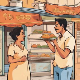 A captivating cartoon of a college-aged lady and a man facing each other while delighting in vadapav, a well-known Indian street food