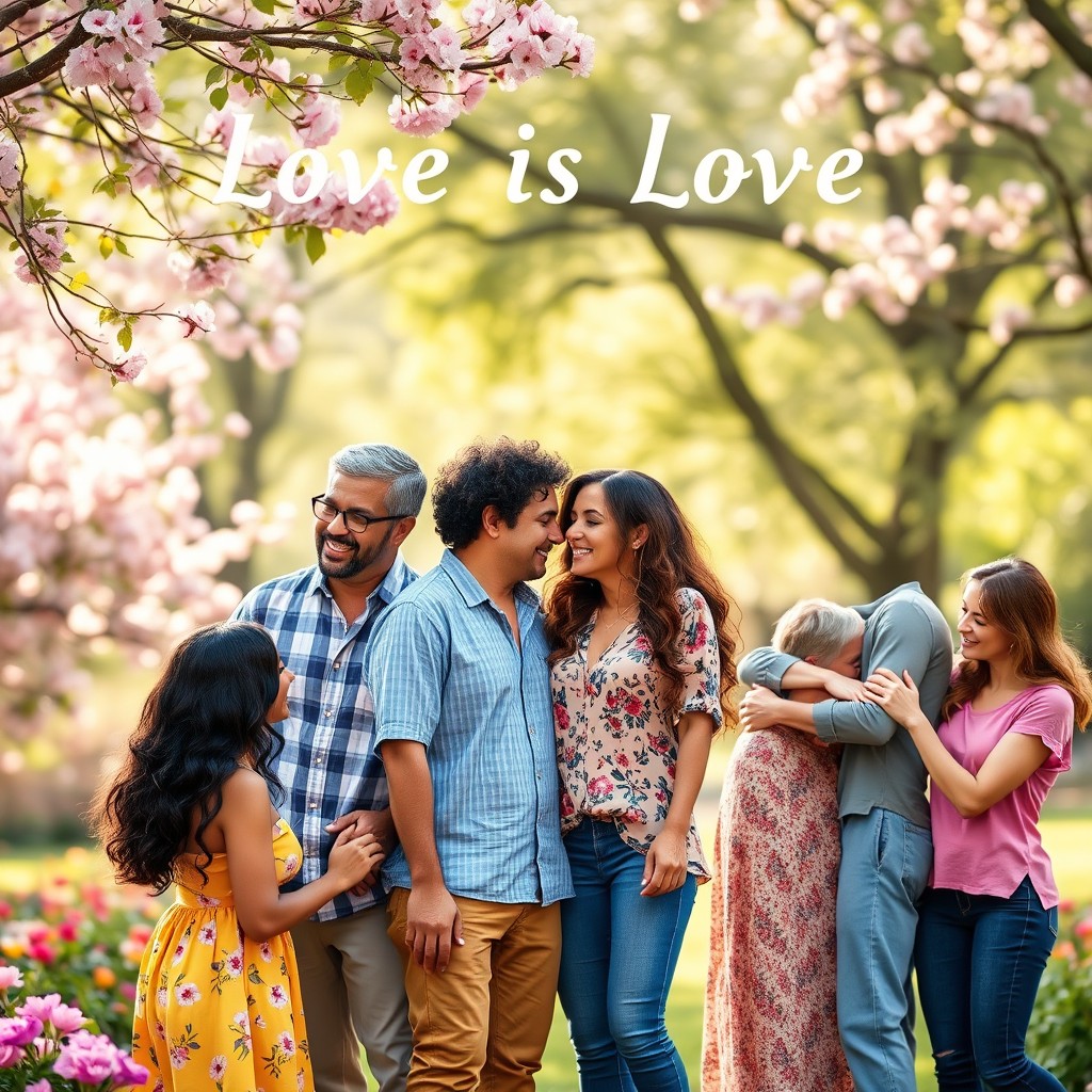 A vibrant and heartwarming scene celebrating love, featuring a diverse group of couples sharing affectionate moments in a beautiful park
