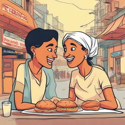 A captivating cartoon of a college-aged lady and a man facing each other while delighting in vadapav, a well-known Indian street food