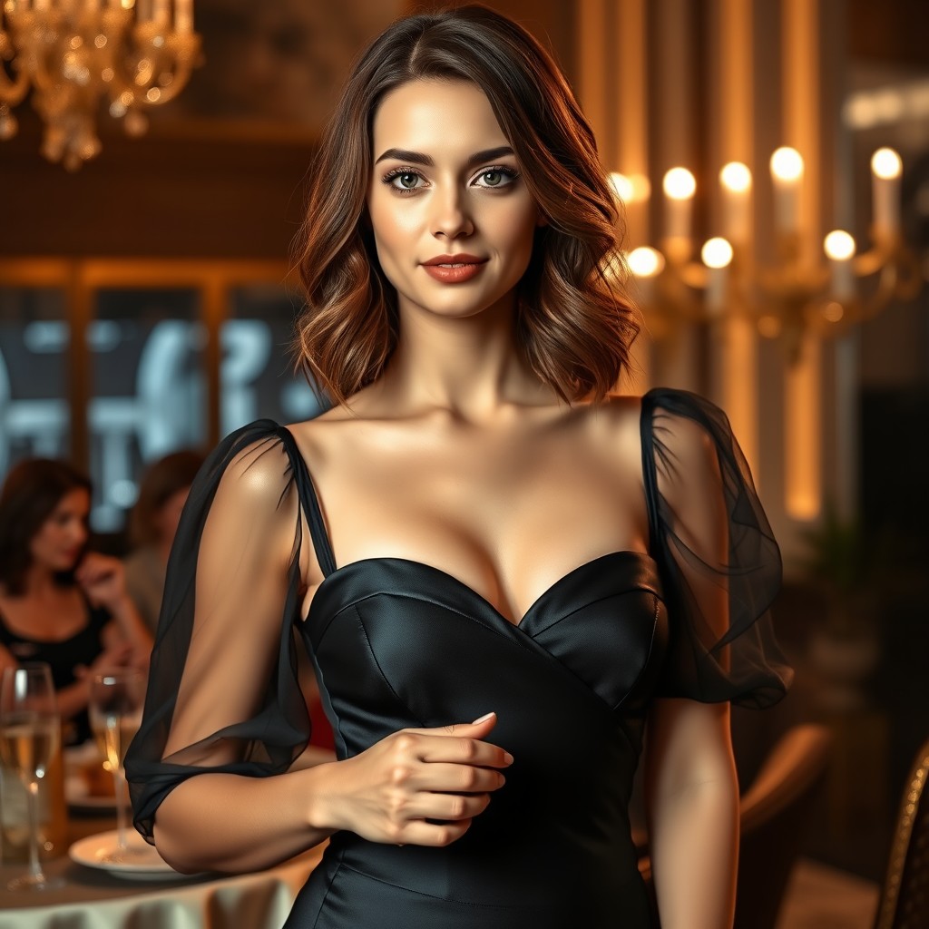 A hyper-realistic portrait of an extremely elegant young woman at a sophisticated evening party