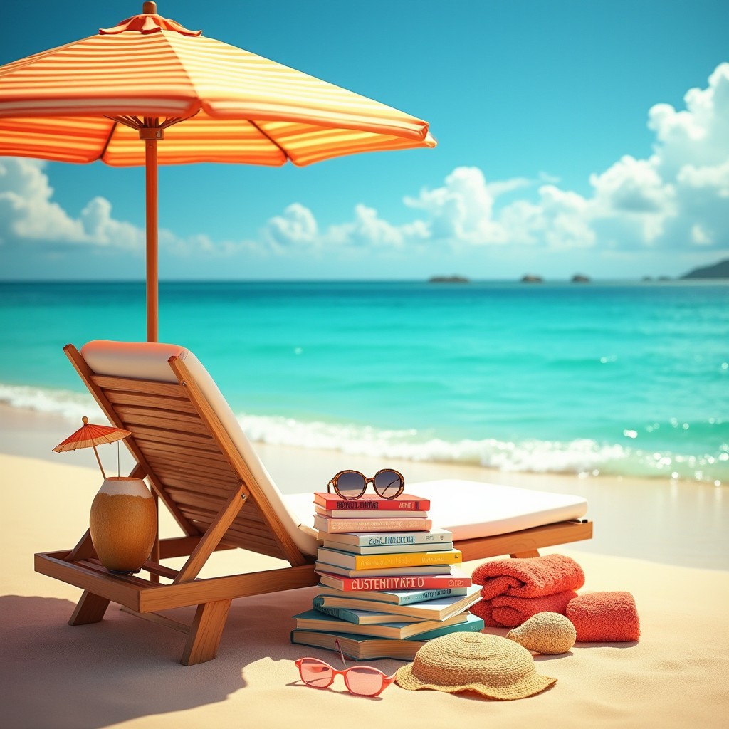 A tranquil beach setting capturing the essence of relaxation, featuring a soft golden sandy beach with a comfortable lounge chair under a bright striped beach umbrella
