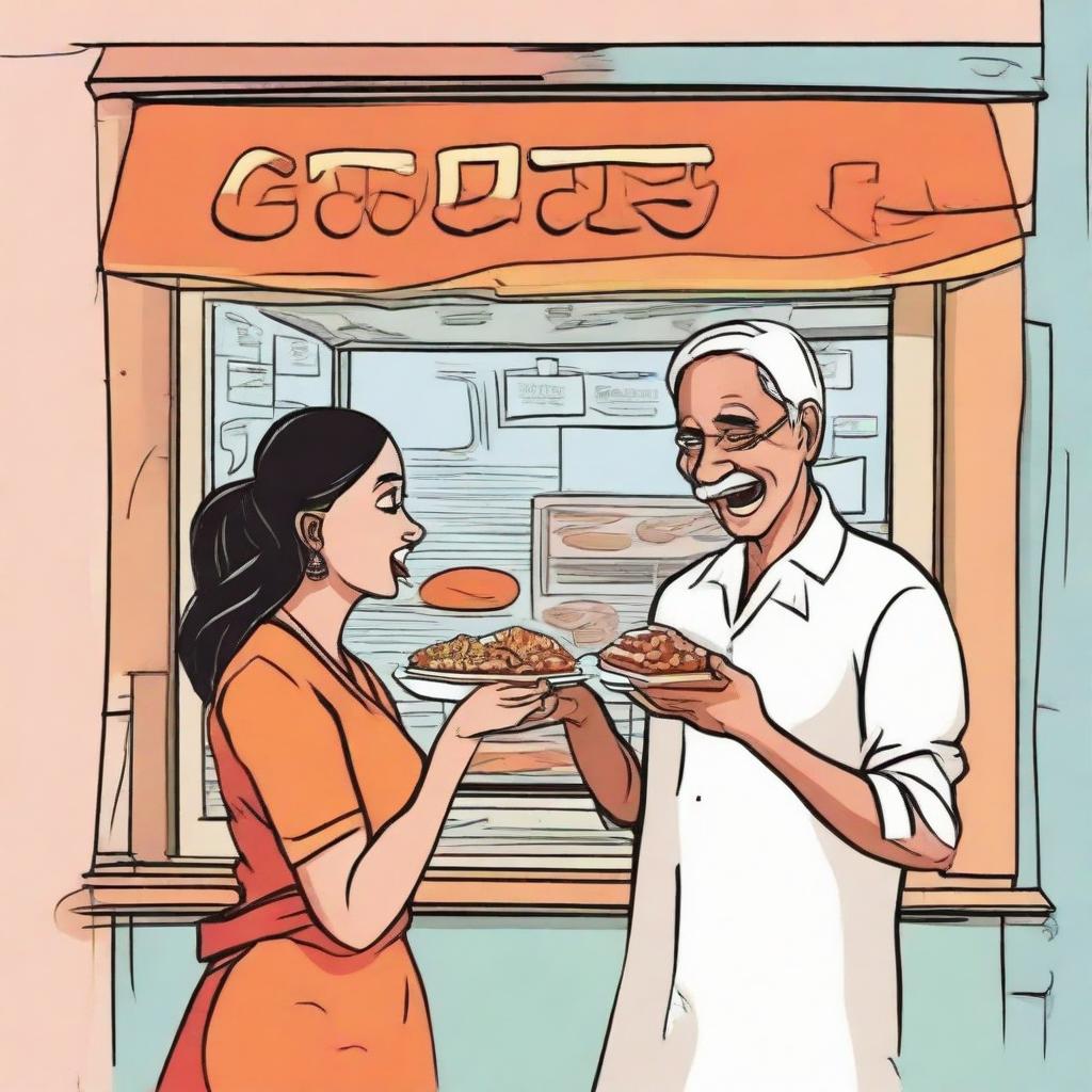 A captivating cartoon of a college-aged lady and a man facing each other while delighting in vadapav, a well-known Indian street food