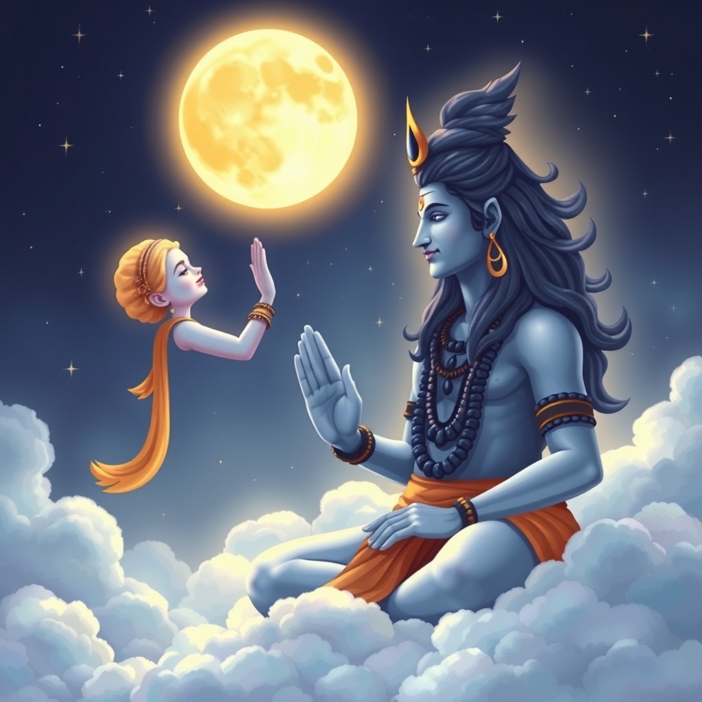 A beautiful and serene illustration of Chandra (the moon) depicted as a person, gracefully performing a Namaskar (prayer gesture) to Lord Shiva, who is depicted in a majestic and divine form
