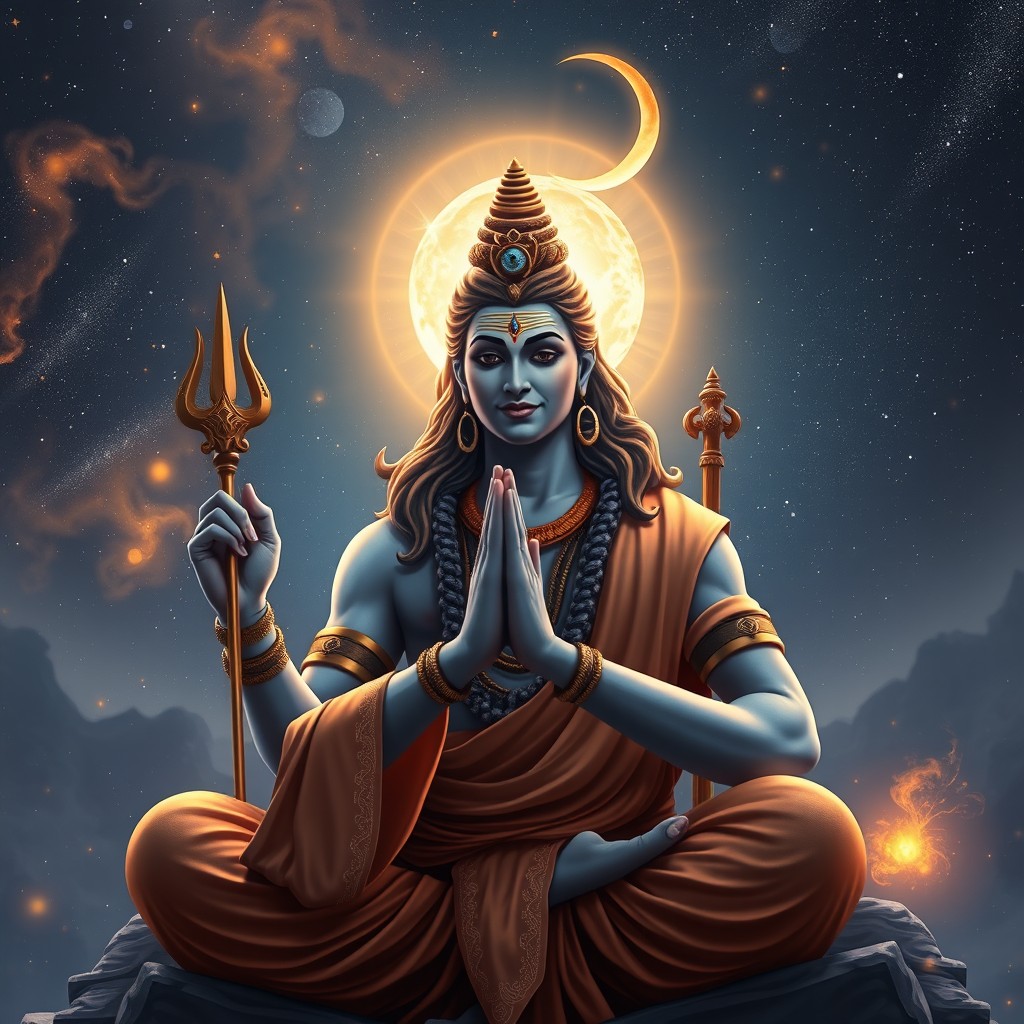 A stunning 4K hyper-realistic illustration of Chandra (the moon) depicted as a person elegantly performing a Namaskar (prayer gesture) in front of Lord Shiva