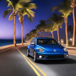 An indigo blue Volkswagen New Beetle swiftly cruising on a highway adjacent to a beach, surrounded by palm trees, with glowing neon lights illuminating the night.