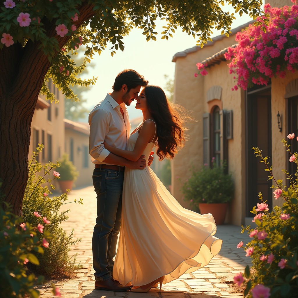 A romantic scene inspired by the themes of 'The Spanish Love Deception'