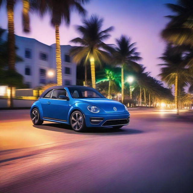 An indigo blue Volkswagen New Beetle swiftly cruising on a highway adjacent to a beach, surrounded by palm trees, with glowing neon lights illuminating the night.