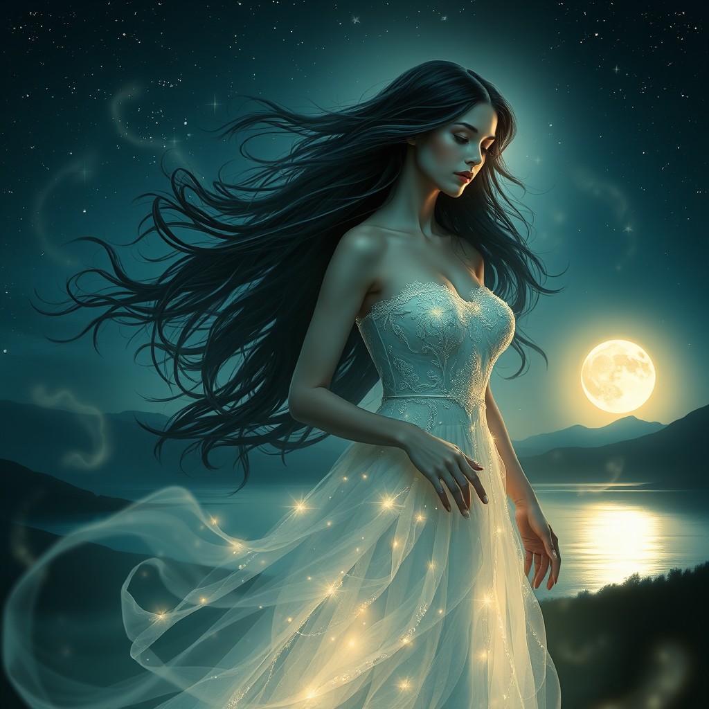 The spirit of a night woman, ethereal and enchanting, surrounded by a starry sky and moonlight