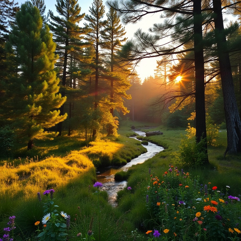 A serene landscape featuring a tranquil forest during golden hour, with sunlight filtering through the dense trees, casting dappled shadows on the forest floor