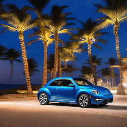 An indigo blue Volkswagen New Beetle swiftly cruising on a highway adjacent to a beach, surrounded by palm trees, with glowing neon lights illuminating the night.