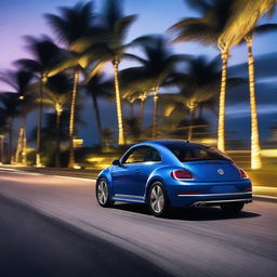 An indigo blue Volkswagen New Beetle swiftly cruising on a highway adjacent to a beach, surrounded by palm trees, with glowing neon lights illuminating the night.