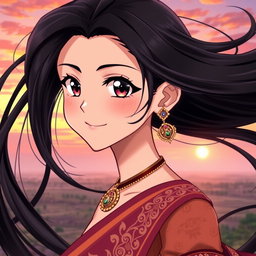 A stunning anime girl with long, flowing black hair and Indian features