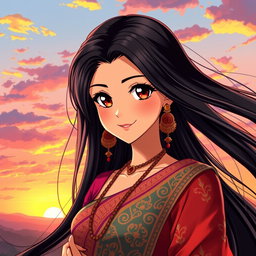 A stunning anime girl with long, flowing black hair and Indian features