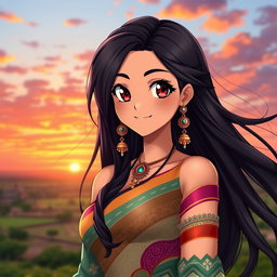 A stunning anime girl with long, flowing black hair and Indian features