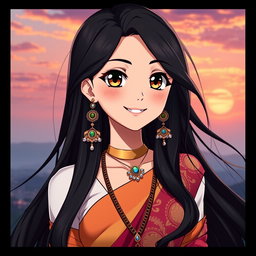 A stunning anime girl with long, flowing black hair and Indian features