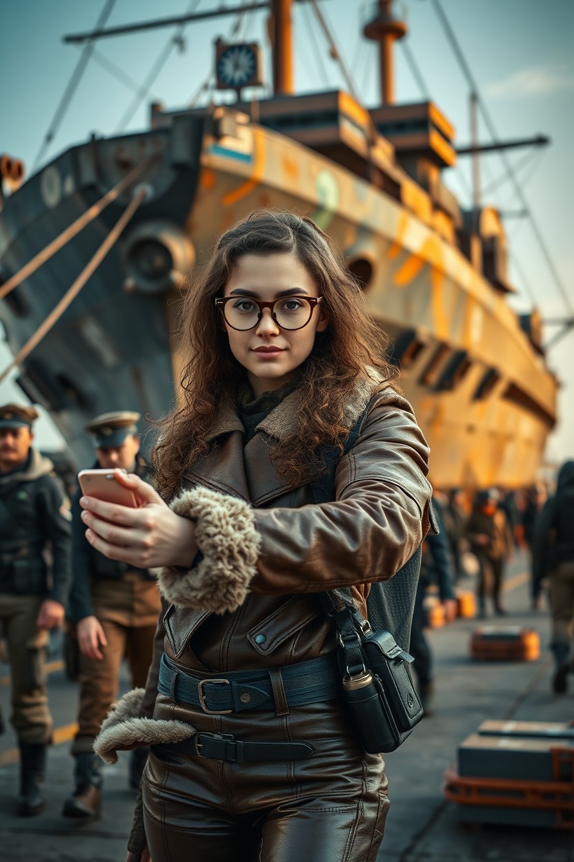 A beautiful young decorative woman with pronounced features is taking a selfie in front of a large, futuristic steampunk-style ship