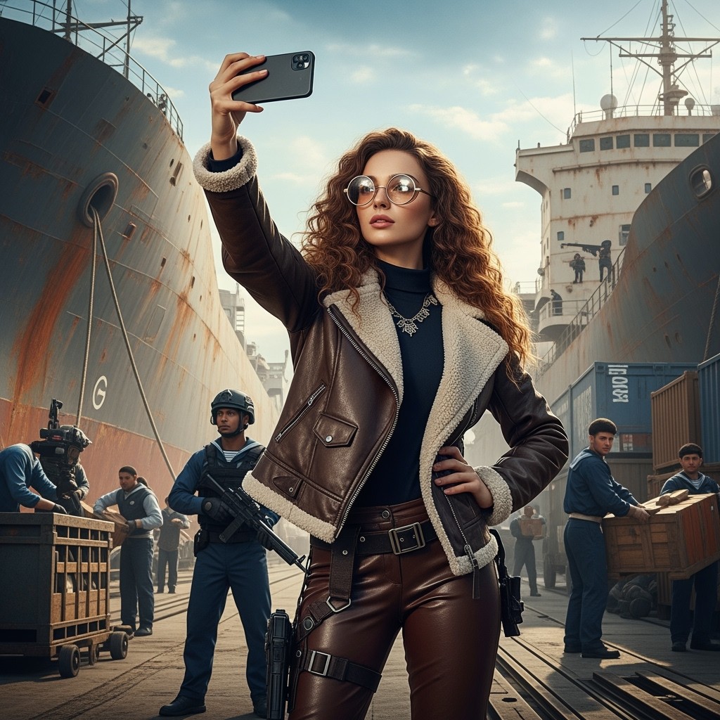 A stunning steampunk-style adventure fantasy movie poster featuring a beautiful young woman taking a selfie in front of her grand futuristic ship