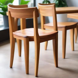 A full detailed view of a fire-inspired, natural colour teak wood dining chair set within the bustling atmosphere of a cozy café.