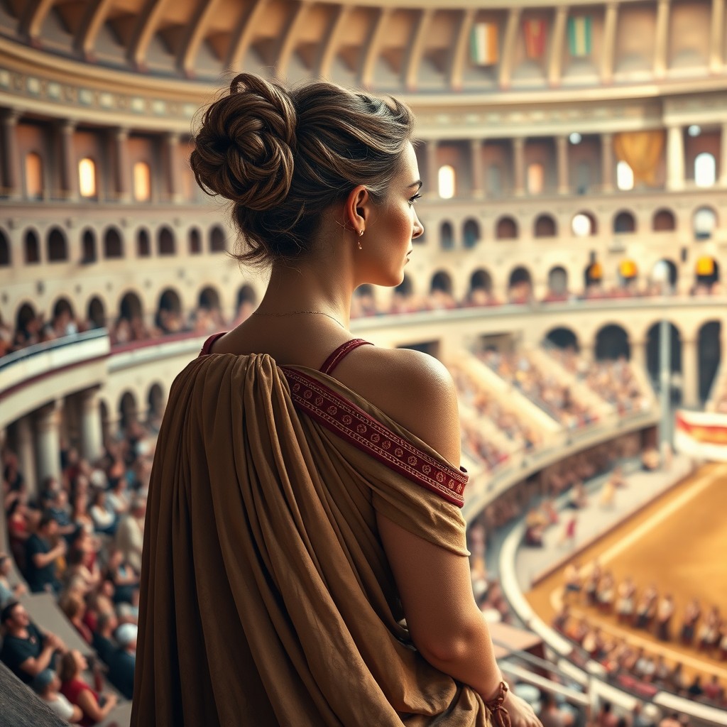 A majestic Roman queen with a beautifully styled bun hairstyle, elegantly dressed in a revealing robe that showcases her royal status