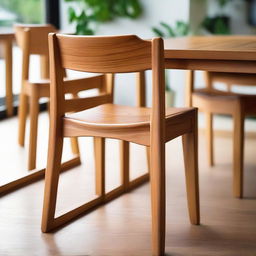 A full detailed view of a fire-inspired, natural colour teak wood dining chair set within the bustling atmosphere of a cozy café.