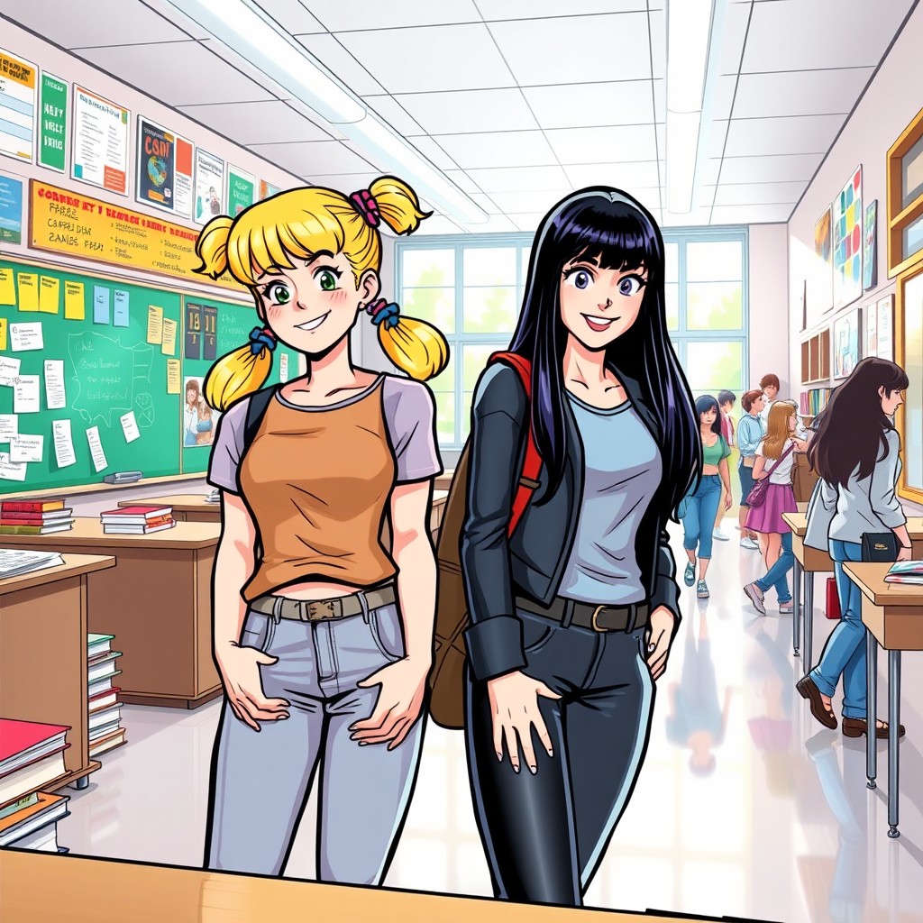 A lively and colorful scene depicting Betty and Veronica from the Archie Comics series inside a high school environment