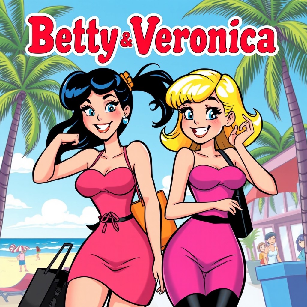 A dynamic and lively illustration featuring Betty and Veronica, two iconic characters from the Archie Comics series