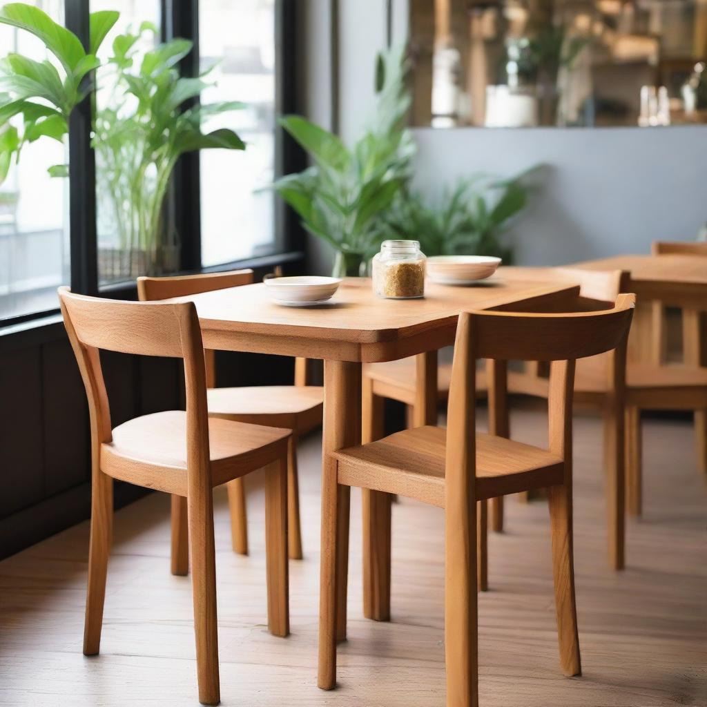 A full detailed view of a fire-inspired, natural colour teak wood dining chair set within the bustling atmosphere of a cozy café.