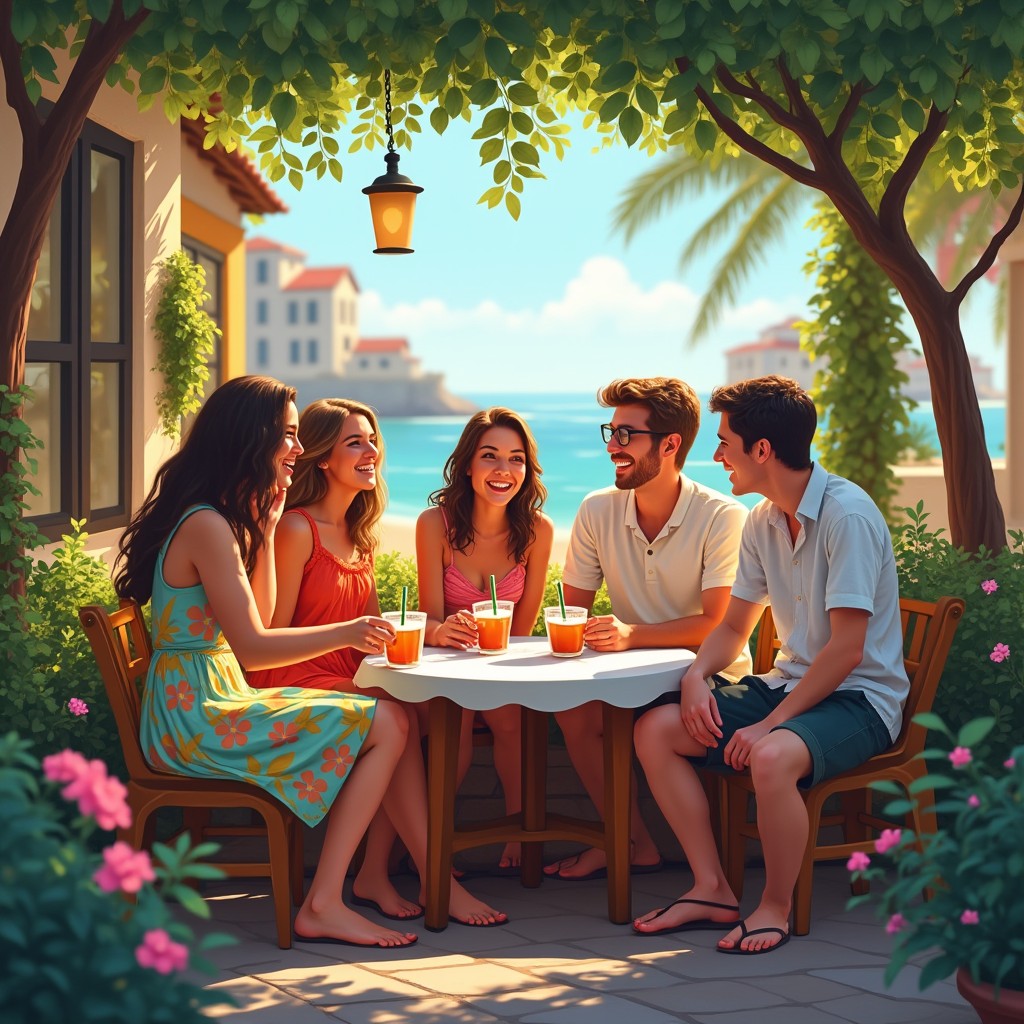 A cozy scene depicting friends on vacation, sitting together in a charming café outdoors, surrounded by lush greenery and colorful flowers
