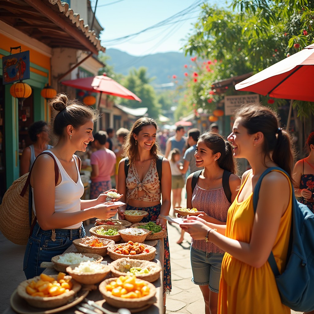 A vibrant scene capturing the essence of vacationers meeting new friends in a lively outdoor market