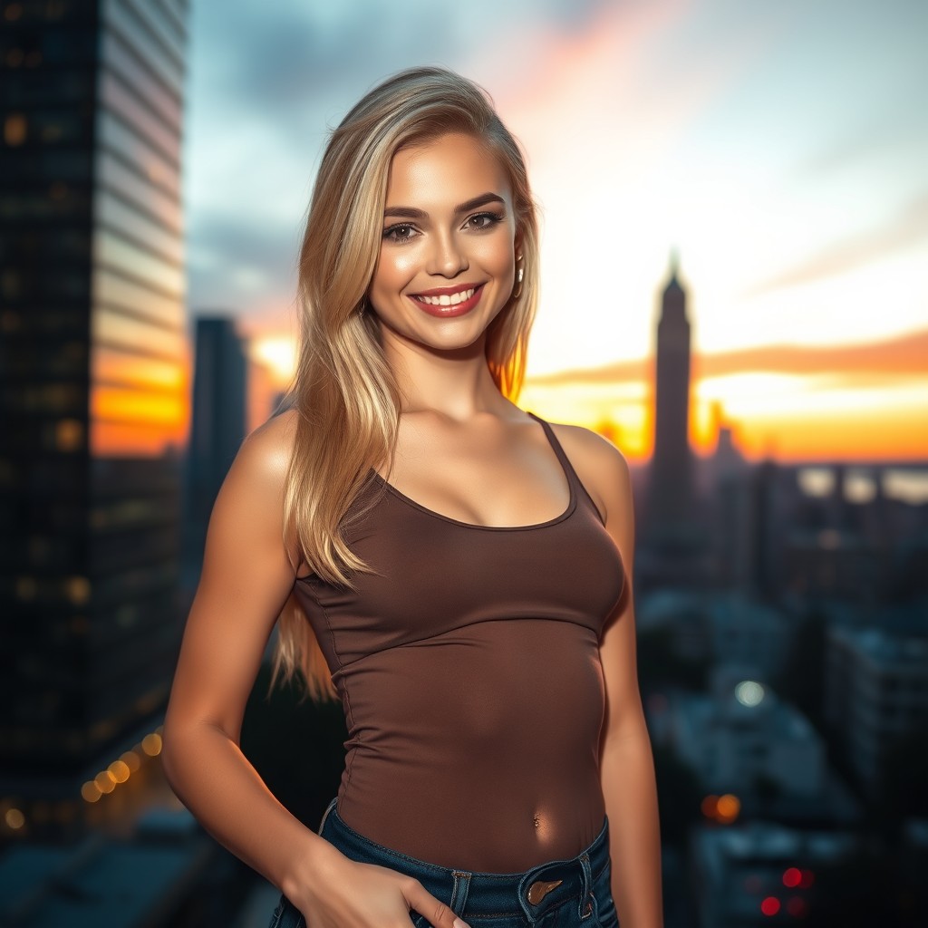 A beautiful blonde girl wearing a tight-fitting low-cut top that accentuates her figure, standing confidently with an alluring smile