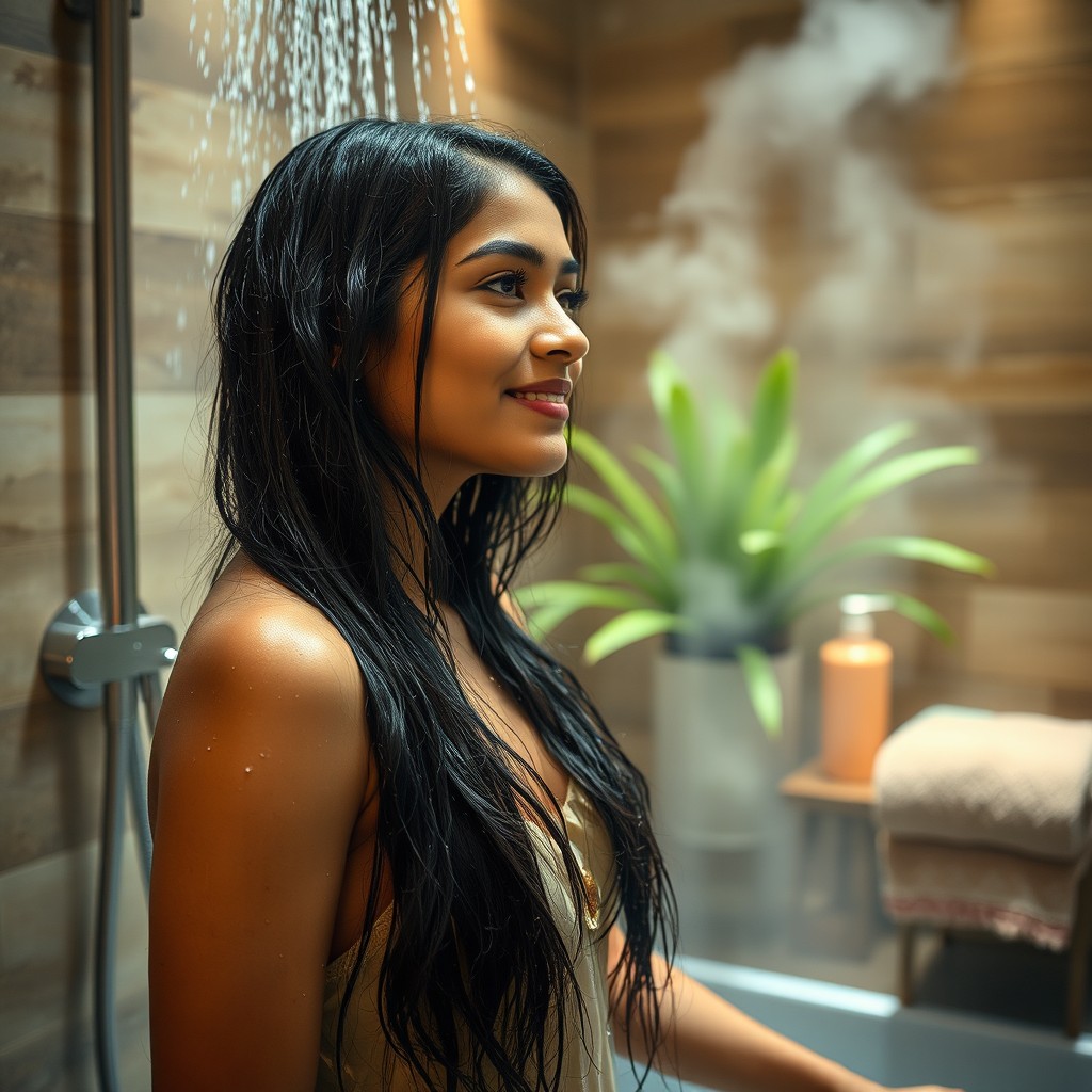 A serene indoor scene featuring a young Indian woman enjoying a refreshing shower