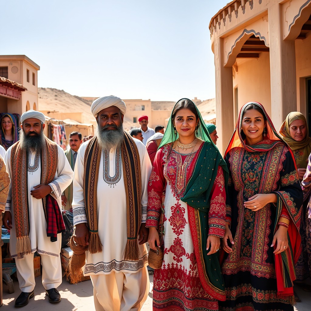 A traditional cultural scene showcasing the Baloch people wearing full Balochi dress