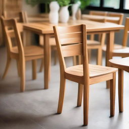 A full detailed view of a fire-inspired, natural colour teak wood dining chair set within the bustling atmosphere of a cozy café.