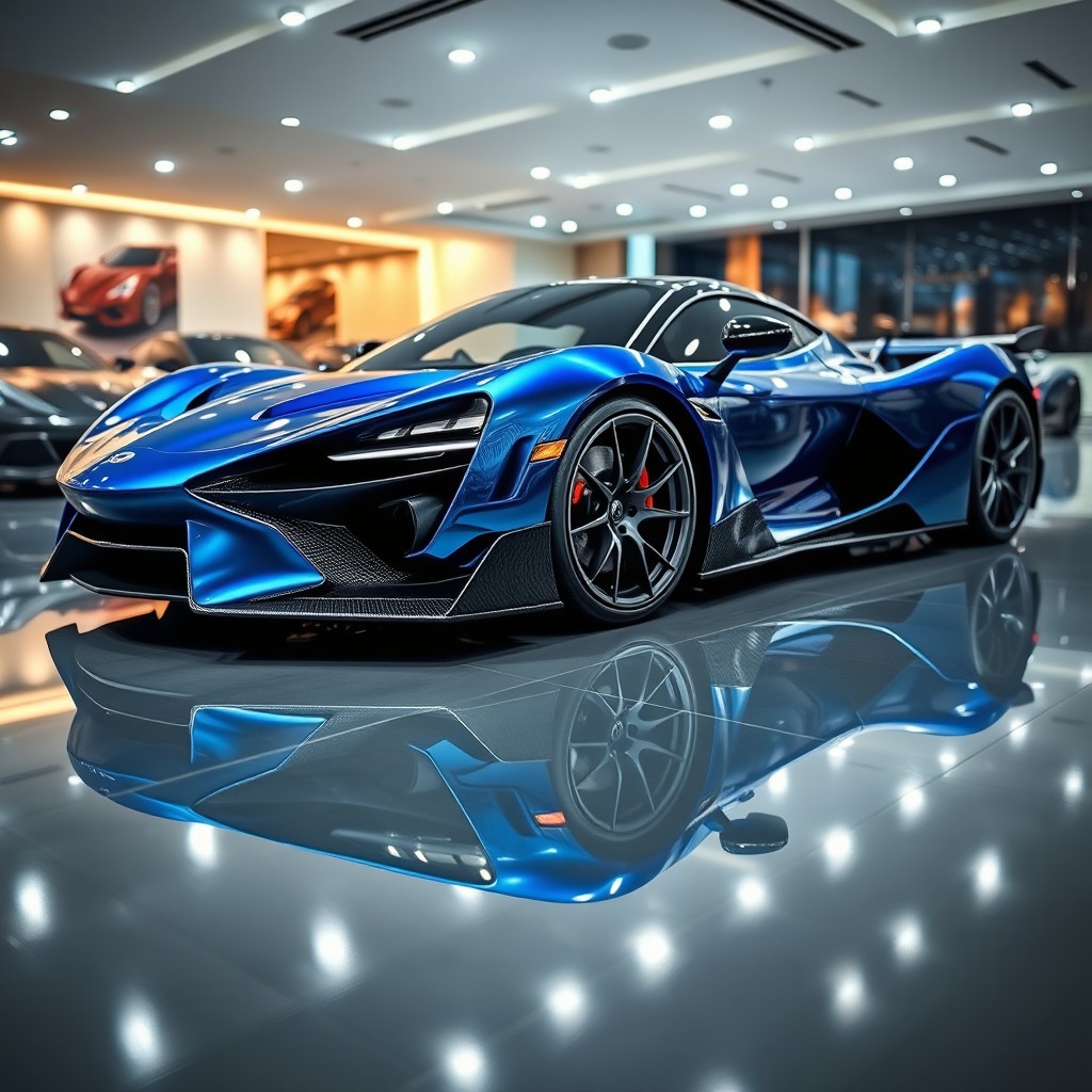 A stunning hypercar parked on a sleek, glossy showroom floor, reflecting ambient lights