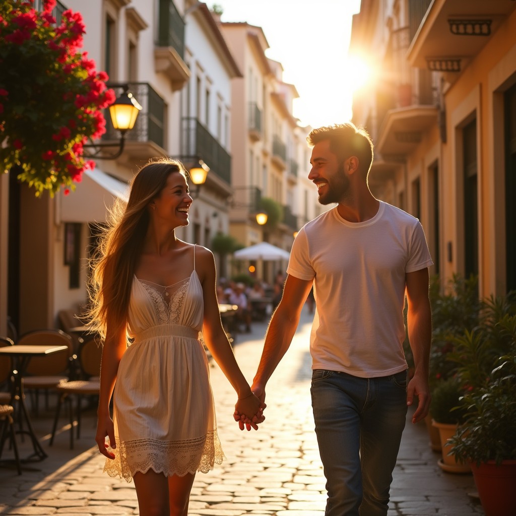 A romantic scene set in a beautiful Spanish city, featuring a couple deeply in love