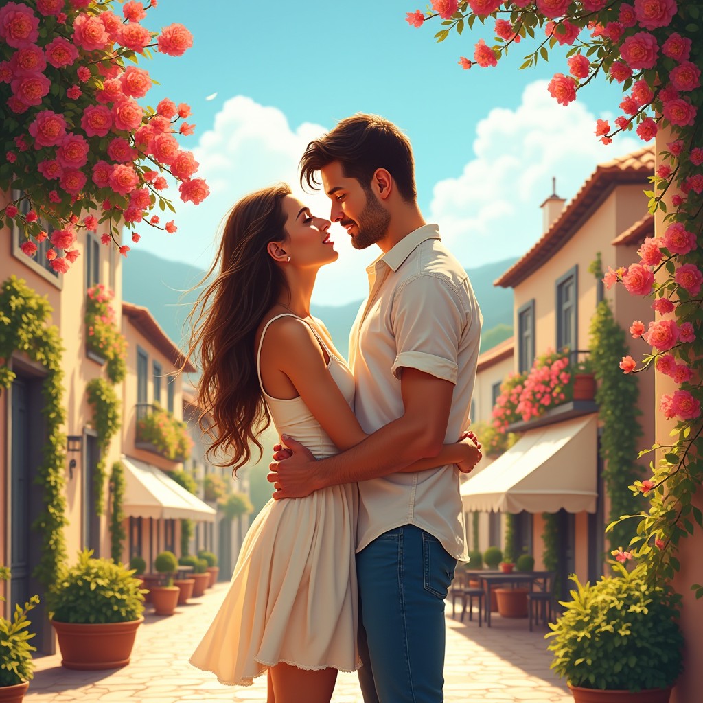 A romantic illustration capturing the essence of 'The Spanish Love Deception', set in a picturesque Spanish landscape