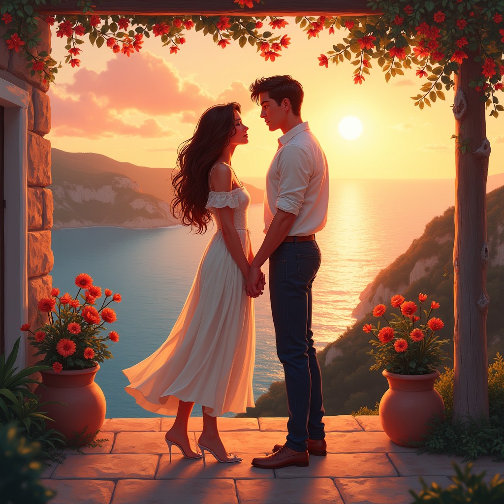 A captivating illustration inspired by 'The Spanish Love Deception', showcasing a romantic moment between two characters against the backdrop of a beautiful Spanish landscape
