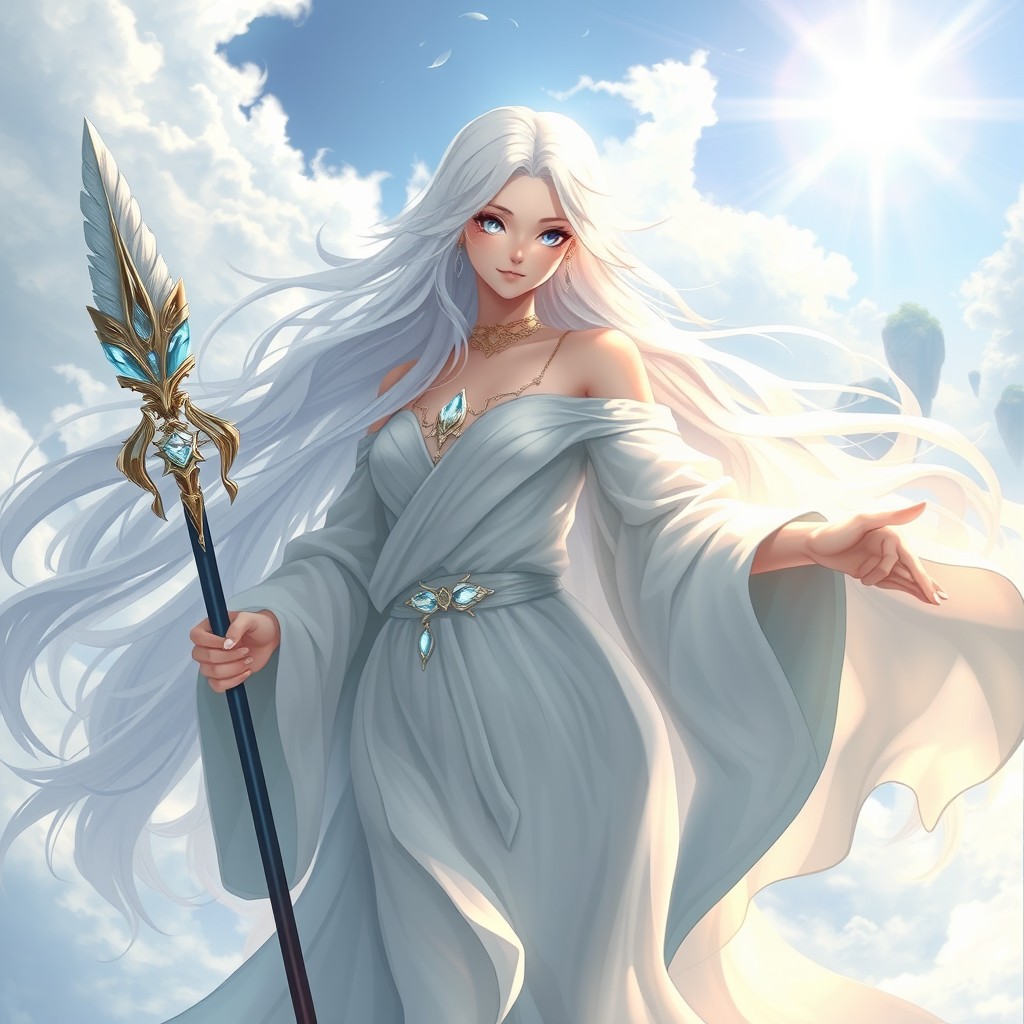 An ethereal female character inspired by the Air Genasi concept, featuring long, flowing hair that resembles clouds and a skin tone that shimmers like the sky
