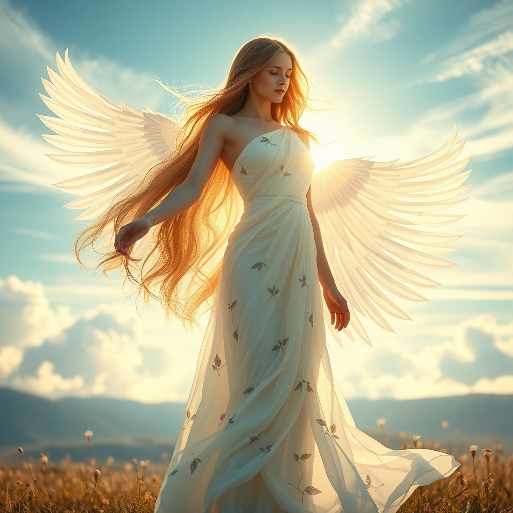 A graceful woman with long, flowing hair and ethereal wings that resemble feathers, embodying the essence of air element