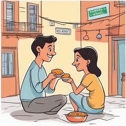 A charming cartoon of a college-aged couple facing each other, excitedly enjoying vadapav, a popular Indian street fare