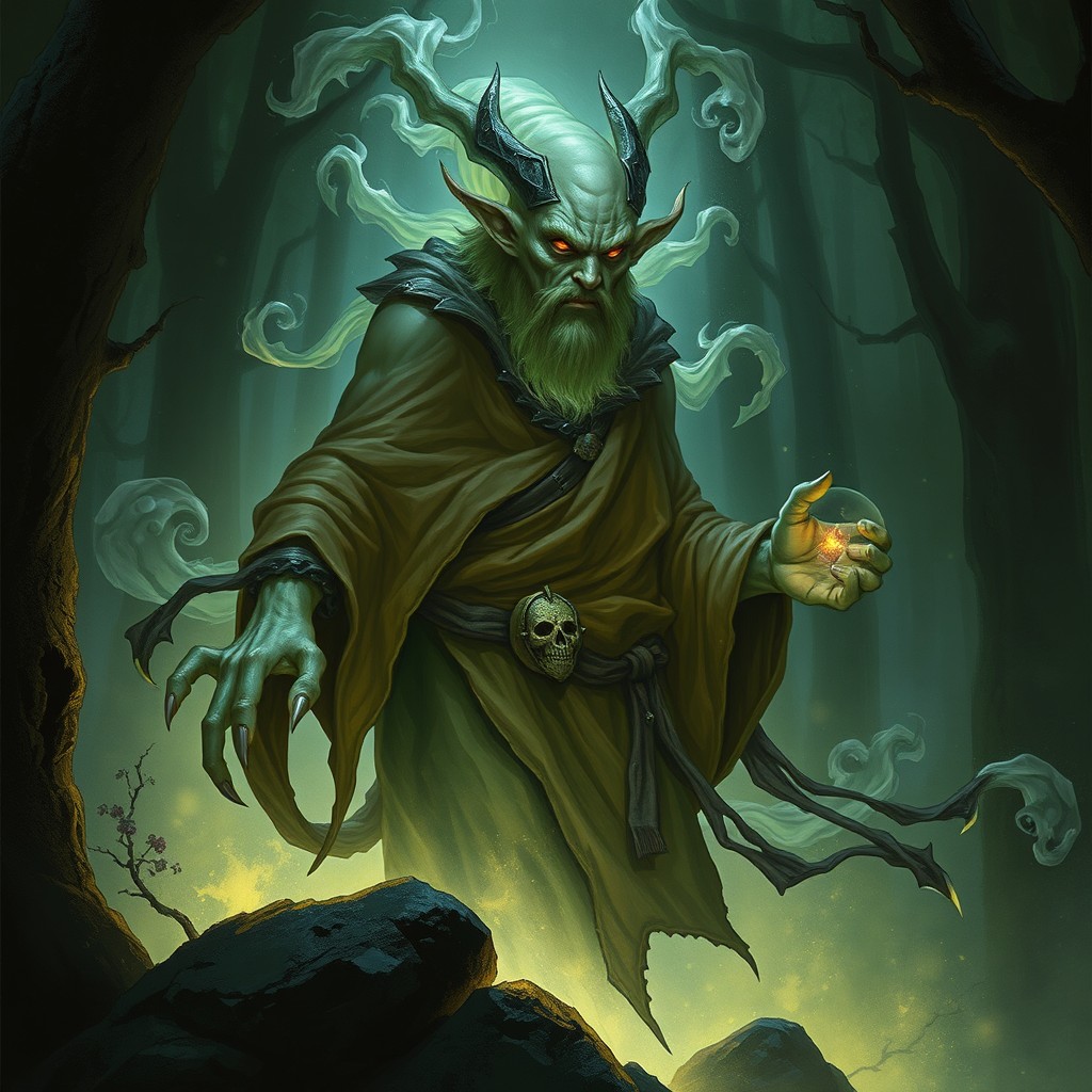 A detailed portrait of a malevolent hermit from Dungeons & Dragons, representing the Plasmoid race and classed as a monk of the Way of Kensei