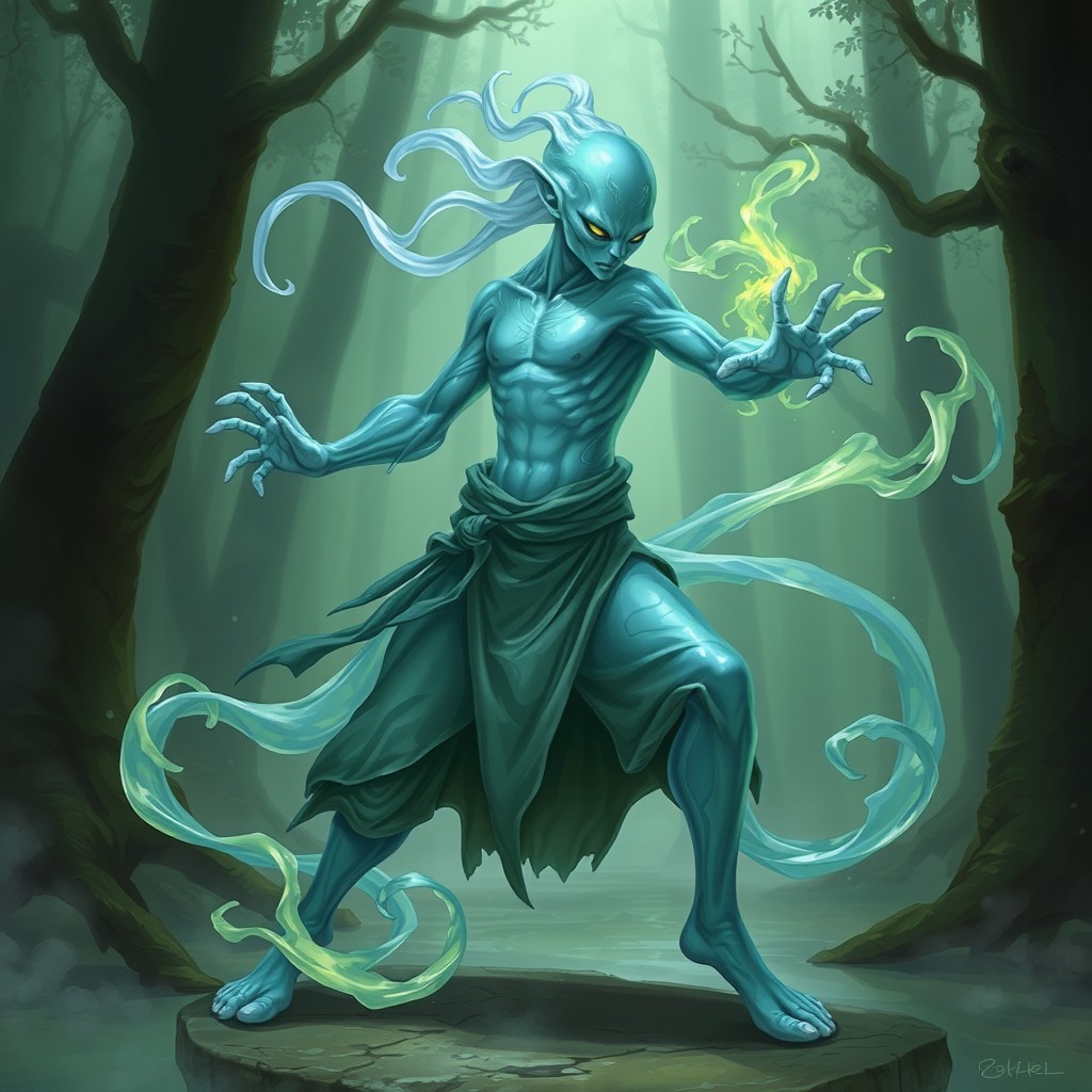 An illustration of a Plasmoid race monk from Dungeons and Dragons, embodying the path of Kensai
