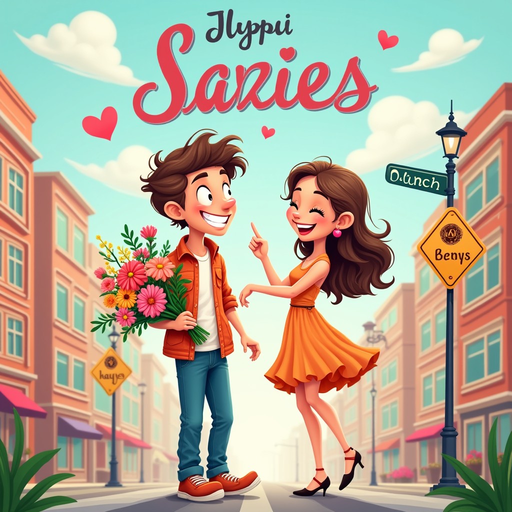 A whimsical and charming book cover for a romantic comedy novel featuring a lively cityscape in the backdrop, with cute, cartoonish characters