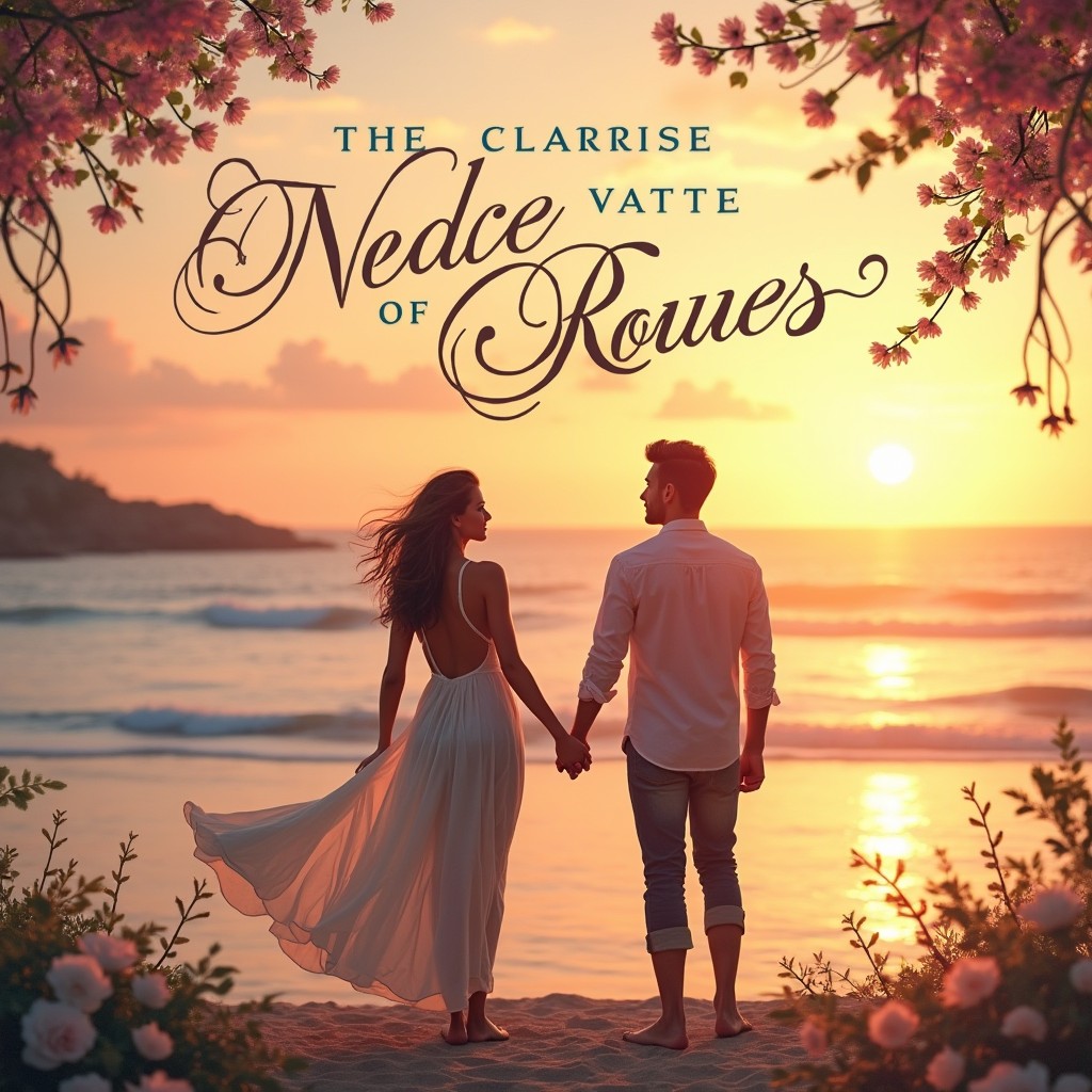 An elegant and romantic book cover for a romance novel featuring a serene sunset over a peaceful beach