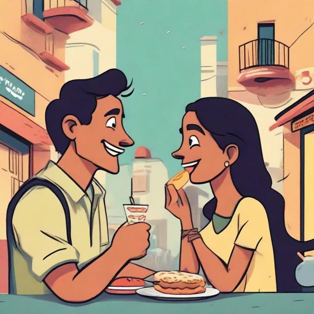 A charming cartoon of a college-aged couple facing each other, excitedly enjoying vadapav, a popular Indian street fare