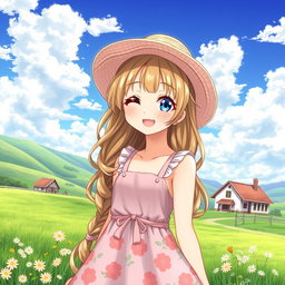 A charming anime country girl with a bright smile, wearing a cute sundress with floral patterns