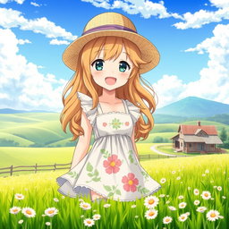 A charming anime country girl with a bright smile, wearing a cute sundress with floral patterns